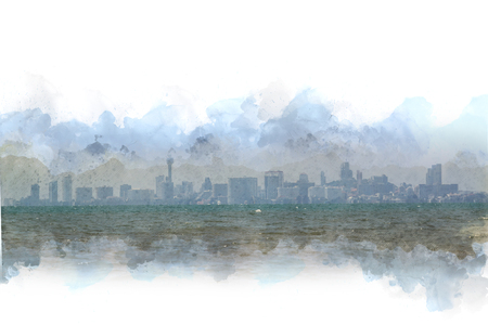 Building on watercolor background. City on watercolor background.の写真素材