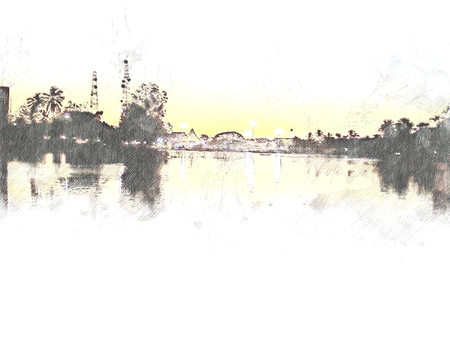 Tree and sunlight in morning on watercolor background.の写真素材