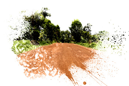 Tree and road in nature on watercolor painting backgroundの写真素材