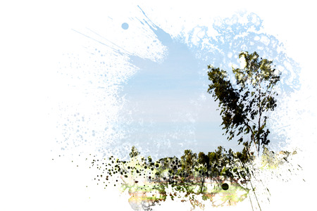 Tree and blue sky watercolor background, digital watercolor paintingの写真素材