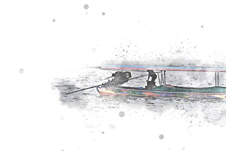 Long boat fishing in sea, Fishing boat on watercolor.の写真素材