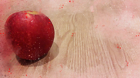 Red Apple on wood texture watercolor backgroundの写真素材