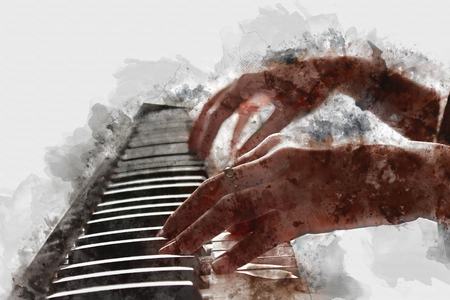 Beautiful woman playing piano keyboard on watercolor painting background.の写真素材