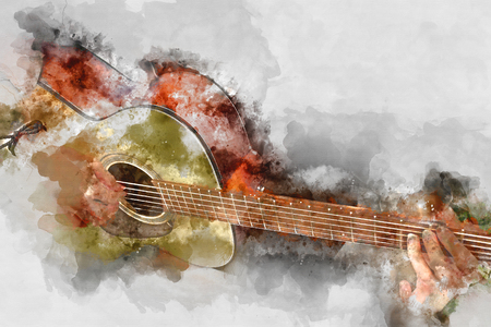 Beautiful woman playing guitar on watercolor painting background.の写真素材