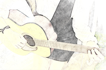 Beautiful woman playing guitar on watercolor painting background.の写真素材