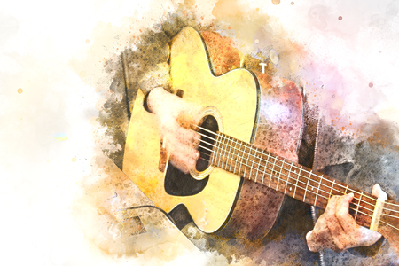 Playing Guitarist in the foreground. Close up, Watercolor paintの写真素材
