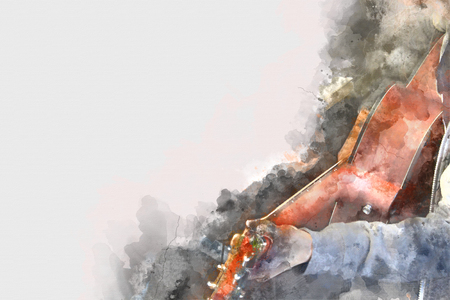 Playing Guitarist in the foreground. Close up, Watercolor paintの写真素材