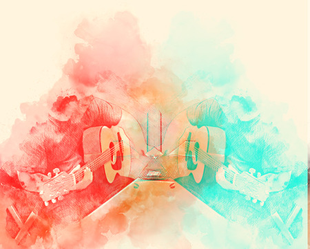 Playing Guitarist in the foreground. Close up, Watercolor paintの写真素材