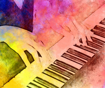 Abstract beautiful hand a woman playing keyboard of the piano foreground Watercolor painting background and Digital illustration brush to artの写真素材
