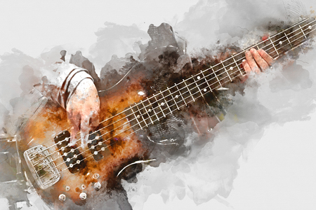 Abstract a man playing guitarist in the foreground. Watercolor paint texture background.の写真素材