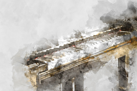 Abstract keyboard in the foreground on colorful watercolor painting background.の写真素材