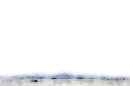 Long boat fishing in sea and see mountain background on watercolor paining and colorful splash brush to art.の写真素材