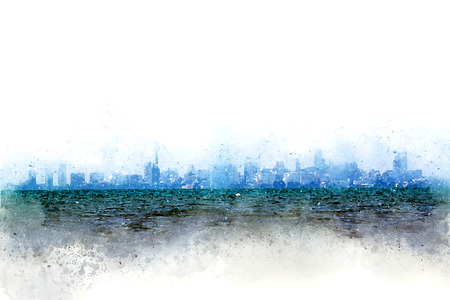 Abstract Building and sea foreground on watercolor painting background. City on Digital illustration brush to art.の写真素材