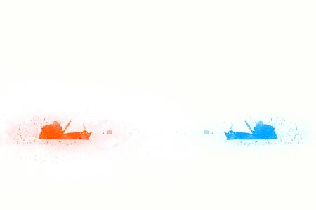 Long boat fishing in sea, Fishing boat on colorful watercolor paining texture background. Thailandの写真素材