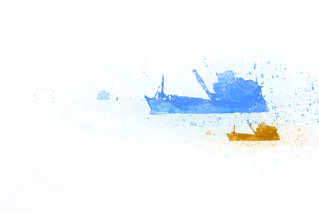 Abstract beautiful Long boat fishing in sea, Fishing boat on colorful watercolor paining background. Thailandの写真素材