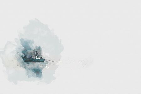 Abstract fishermen are driving out to fish in the sea on watercolor painting background.の写真素材