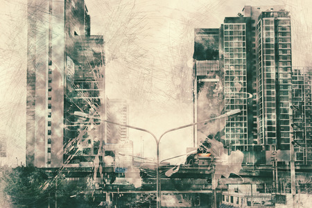 Abstract Building on watercolor painting background. City on Digital illustration brush to art.の写真素材
