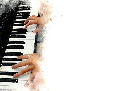 Abstract beautiful hand playing keyboard of the piano foreground Watercolor painting background and Digital illustration brush to art.の写真素材