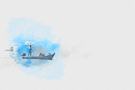Abstract fishermen are driving out to fish in the sea on watercolor painting background.の写真素材