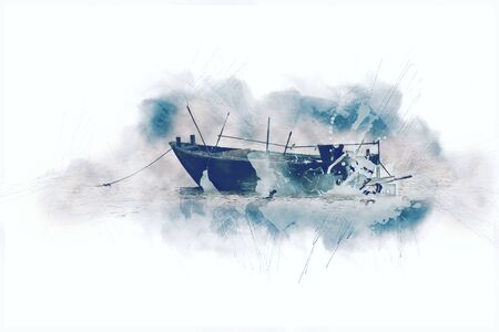 Abstract fishing boat in the sea on watercolor painting background.の写真素材