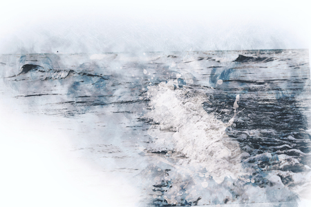 Abstract beautiful soft wave sea on blue shape watercolor painting background, Digital illustration brush to art.の写真素材