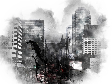 Abstract offices building in city on watercolor painting background. City on Digital illustration brush to art.の写真素材