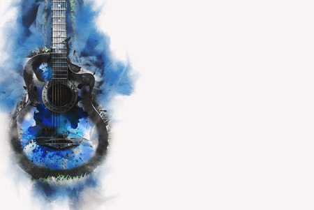 Abstract Guitar in the foreground Close up on Watercolor painting background.の写真素材