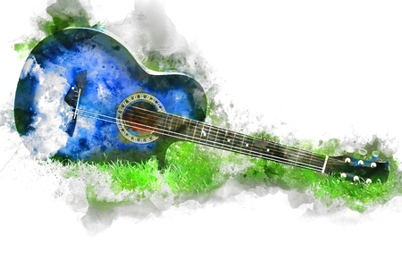 Abstract Guitar in the foreground Close up on Watercolor painting background.の写真素材