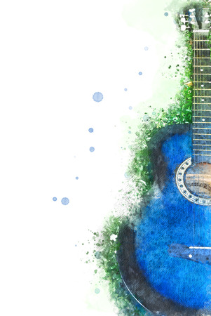 Guitar in the foreground on Watercolor painting background and Digital illustration brush to art.の写真素材
