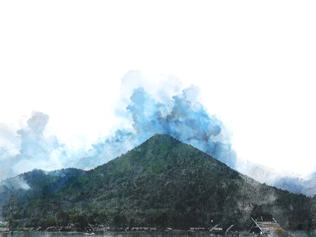 Abstract Mountain hill on watercolor painting background,  Digital illustration brush to art.の写真素材