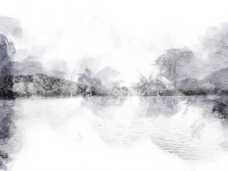 Abstract Colorful mountain peak and river on watercolor painting background.の写真素材