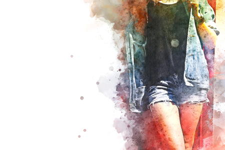 Beautiful women body and walking street on watercolor painting background.の写真素材