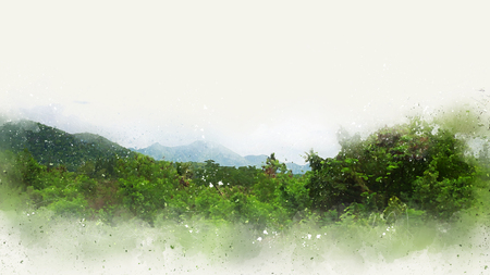 Abstract mountain and tree landscape watercolor painting background.の写真素材