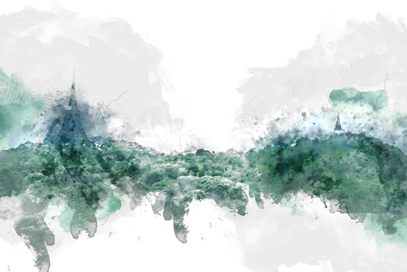 Abstract Mountain hill on watercolor painting backgroundの写真素材