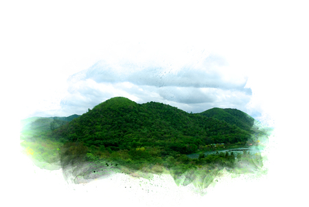 Abstract colorful mountain and field landscape on watercolor illustration painting background.の写真素材