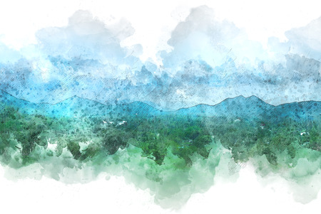 Beautiful colorful mountain peak watercolor painting background.の写真素材