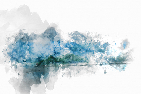 Abstract colorful mountain and field landscape on watercolor illustration painting background.の写真素材
