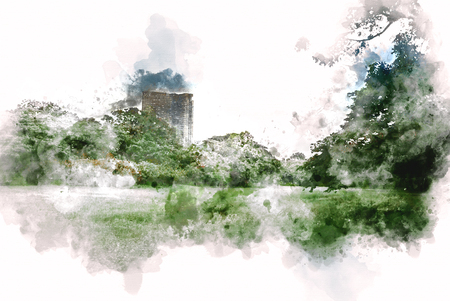Abstract Building in the city on watercolor painting background. City on Digital illustration brush to art.の写真素材