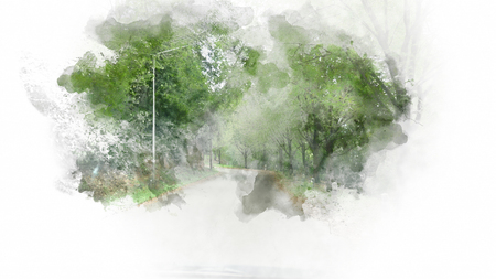 Abstract street way and tree watercolor painting background.の写真素材