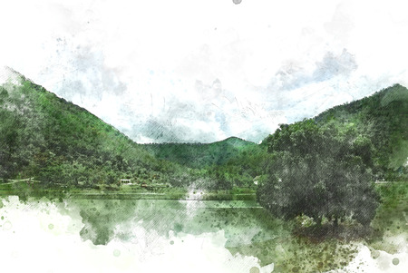 Abstract colorful mountain and field landscape on watercolor illustration painting background.の写真素材