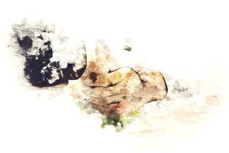 Abstract colorful teamwork handshake on watercolor painting background.の写真素材
