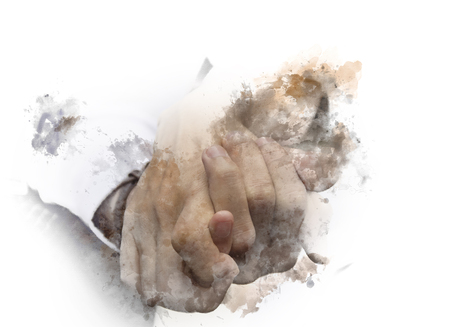 Abstract Hand Couples on watercolor painting background.の写真素材