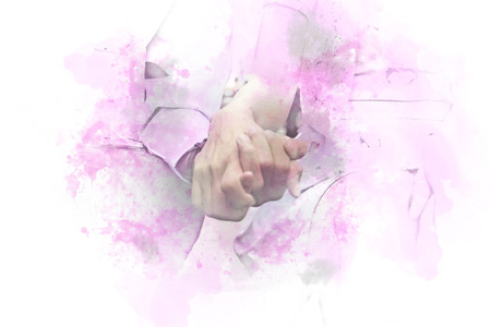 Abstract Hand Couples or lover on watercolor painting background.の写真素材