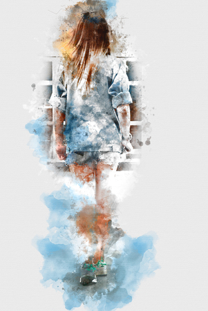 Beautiful woman body on watercolor painting background.の写真素材