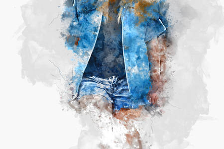 Beautiful woman body on watercolor painting background.の写真素材