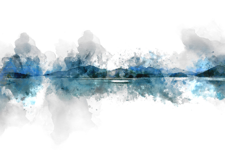 Abstract Mountain hill and river lake on watercolor painting background.の写真素材