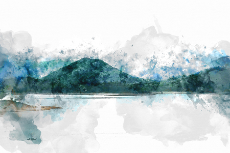 Abstract Colorful mountain peak and river on watercolor painting background.の写真素材