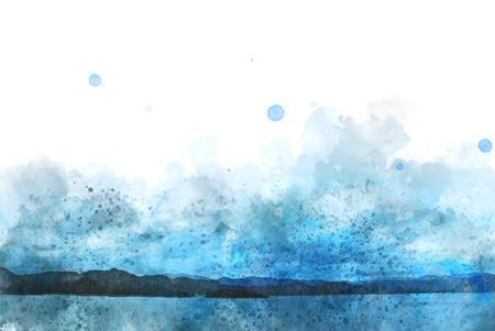 Abstract Colorful mountain peak and river on watercolor painting background.の写真素材