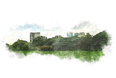 Abstract Building in the city on watercolor painting background. City on Digital illustration brush to art.の写真素材