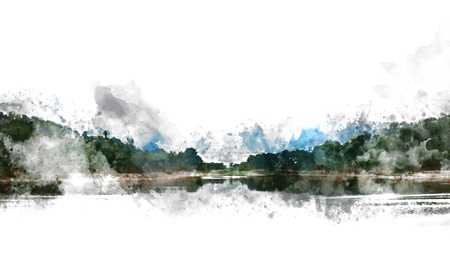 Mountain hill and river in Thailand on watercolor painting background.の写真素材